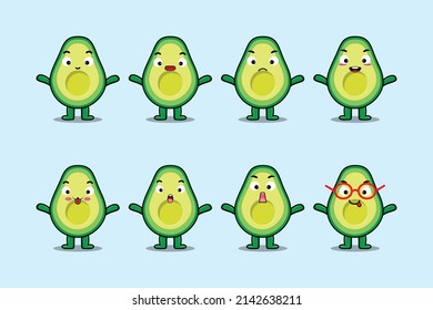 Set kawaii avocado cartoon character with different expressions of cartoon face vector illustrations