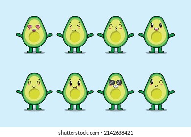 Set kawaii avocado cartoon character with different expressions of cartoon face vector illustrations