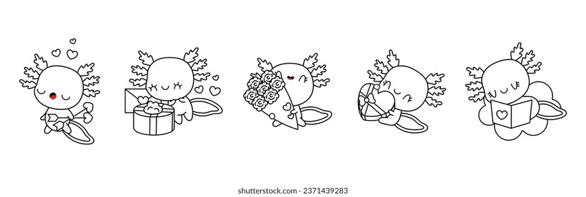 Set von Kawaii Axolotl Farbseiten Illustrationen. Kollektion von Cute Vector isolierten Salamander-Rahmenillustrationen. Cute Vektor Animals in Love for Coloring Book 