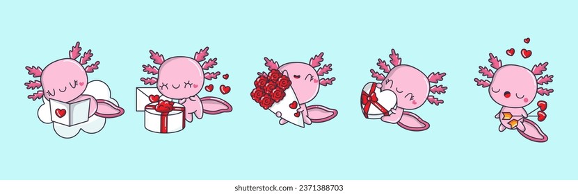 Set of Kawaii Axolotl Illustrations. Collection of Cute Vector Isolated Salamander Illustrations. Cute Vector Animals in Love 