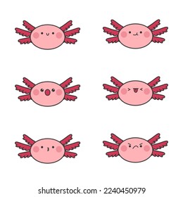 A set of kawaii axolotl stickers. Cute axolotl with different characters on a white background.
