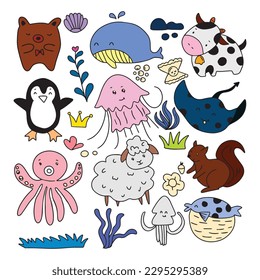 set of kawaii baby animal forest and ocean forest element design. Cute sea creatures and animals vector icons