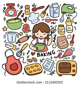 Set of Kawaii Baking Equipment Doodles Vector Clip Art