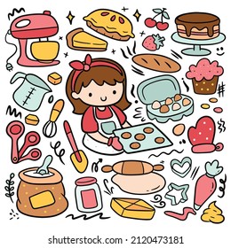 Set Of Kawaii Baking Equipment Doodles Vector Clip Art