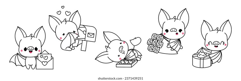 Set of Kawaii Bat Coloring Page Illustrations. Collection of Cute Vector Isolated Animal Outline Illustrations. Cute Vector Animals in Love for Coloring Book 