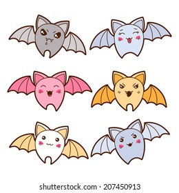 Set of kawaii bats with different facial expressions.