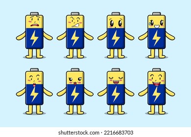Set kawaii Battery cartoon character with different expressions cartoon face vector illustrations