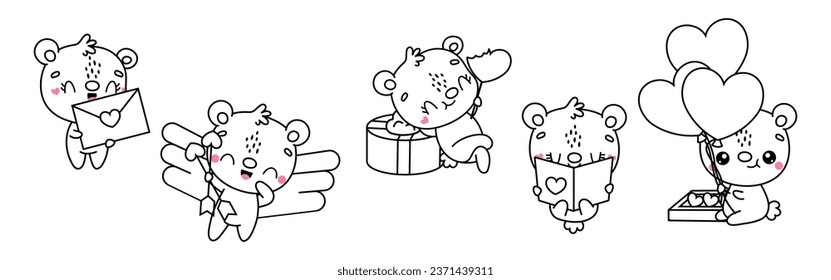 Set of Kawaii Bear Coloring Page Illustrations. Collection of Cute Vector Isolated Bear Outline Illustrations. Cute Vector Animals in Love for Coloring Book 