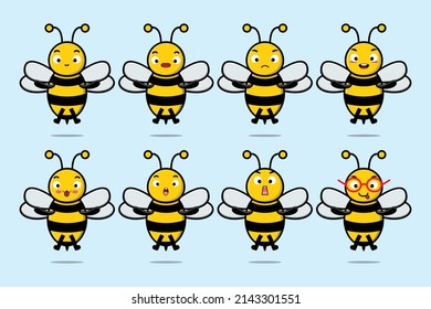 Set kawaii bee cartoon character with different expressions of cartoon face vector illustrations