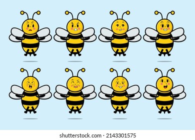 Set kawaii bee cartoon character with different expressions of cartoon face vector illustrations