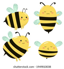 Set of kawaii bees. Cute bee isolated on white background. Stock vector illustration, eps 10