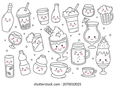 set of kawaii beverages doodle line art