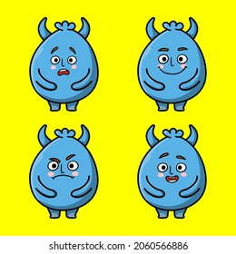 Set Kawaii Blue goblin cartoon monster vector image on yellow background cartoon icon illustration design isolated flat cartoon style