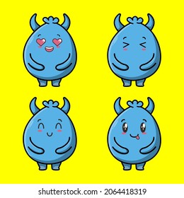 Set Kawaii Blue goblin cartoon monster vector image on yellow background cartoon icon illustration design isolated flat cartoon style