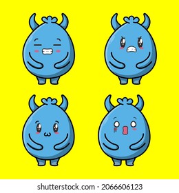 Set Kawaii Blue goblin cartoon monster vector image on yellow background cartoon icon illustration design isolated flat cartoon style