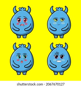 Set Kawaii Blue goblin cartoon monster vector image on yellow background cartoon icon illustration design isolated flat cartoon style