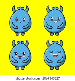 Set Kawaii Blue goblin cartoon monster vector image on yellow background cartoon icon illustration design isolated flat cartoon style