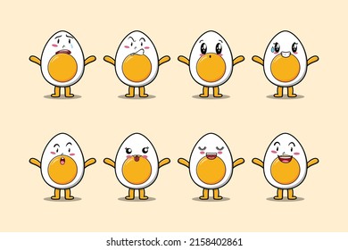 Set kawaii boiled egg cartoon character with different expressions of cartoon face vector illustrations