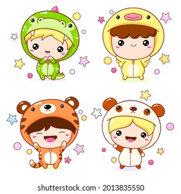 Un grupo de niños y niñas kawaii disfrazados de animales. Colección de dibujos animados niños lindos en kigurumi pijamas en forma de tigre, panda, pato, dragón. Ilustración del vector EPS8 