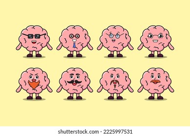 Set kawaii Brain cartoon character with different expressions cartoon face vector illustrations