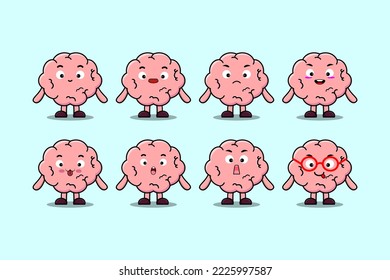 Set kawaii Brain cartoon character with different expressions cartoon face vector illustrations