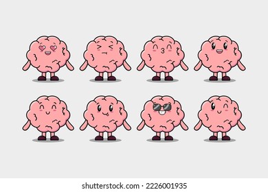 Set kawaii Brain cartoon character with different expressions cartoon face vector illustrations