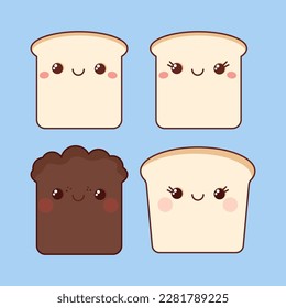 Set of kawaii bread slices with eyes and smile