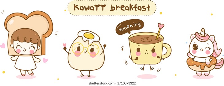 Set kawaii breakfast cartoon Bread girl, egg, coffee, unicorn in donut vector: Series of Happy morning Girly doodles (food and drink) Dessert. Perfect for bakery shop, logo, kid greeting card, child menu.