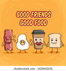 Set of Kawaii Breakfast Using Colored Doodle Style on Orange Background