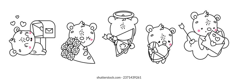 Set of Kawaii Brown Bear Coloring Page Illustrations. Collection of Cute Vector Isolated Bear Outline Illustrations. Cute Vector Animals in Love for Coloring Book 