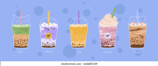 Set of kawaii Bubble Milk tea with tapioca pearls with different tastes. Asian Boba tea drink. Editable vector Illustration.