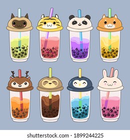 Set of kawaii bubble tea with animal faces. Vector graphics.