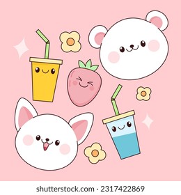 Set of kawaii bubble tea and bear, cat