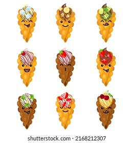 Set of kawaii bubble waffles with whapped cream. Cute hong kong waffles with a smile. Funny dessert on white background