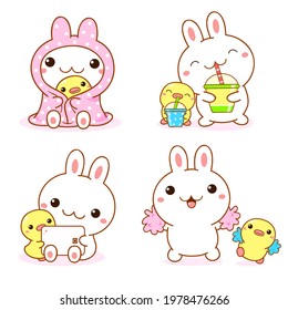 Set of kawaii bunny and duckling. Cute little duck and rabbit friends with pom-pom, tablet, fruit cocktail, wrapped in a blanket. Vector illustration EPS8 