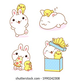 Set Of Kawaii Bunny And Duckling. Cute Little Duck And Rabbit Friends Sleeping, Eat Pizza, Playing In Gift Box. Vector Illustration EPS8 