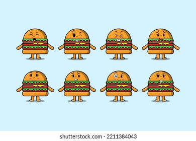 Set kawaii Burger cartoon character with different expressions cartoon face vector illustrations
