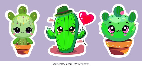 set  kawaii cactus, cacti green stickers 