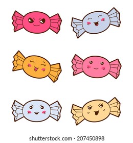 Set of kawaii candies with different facial expressions.
