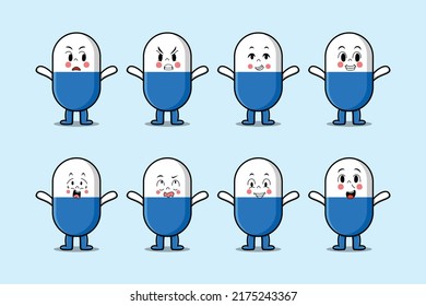 Set kawaii capsule medicine cartoon character with different expressions of cartoon face vector