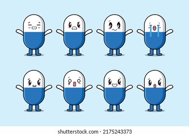 Set kawaii capsule medicine cartoon character with different expressions of cartoon face vector