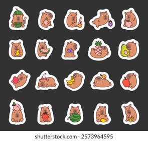 Set of kawaii capybara cartoon characters with fruits including watermelon, pineapple, banana, avocado, lemon, peach and apple and cute charming emotions for creative designs illustration