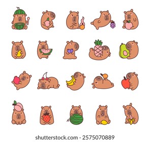 Set of kawaii capybara cartoon characters with fruits including watermelon, pineapple, banana, avocado, lemon, peach and apple and cute charming emotions for creative designs illustration