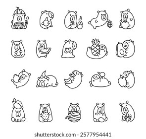 Set of kawaii capybara cartoon characters with fruits including watermelon, pineapple, banana, avocado, lemon, peach and apple and cute charming emotions for creative designs illustration