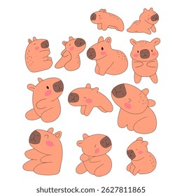 Conjunto de kawaii capybaras coleção de pose diferente
