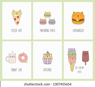 Set of kawaii cards with foods with cat ears, macarons, pizza, burger, ice cream, cupcake, donut, coffee. Isolated objects. Hand drawn vector illustration. Line drawing. Design concept kids print.