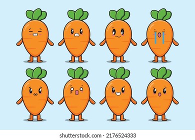 Set kawaii carrot cartoon character with different expressions of cartoon face vector illustrations