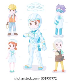 set of kawaii cartoon in 5 various professions nurse,worker,scientist,astronaut,carpenter isolated on white background