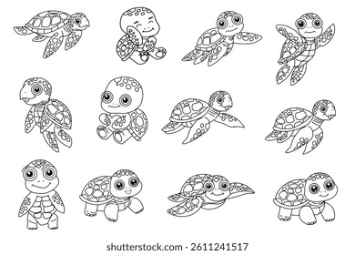 set of kawaii cartoon baby turtle. coloring book black white line