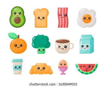 set of kawaii cartoon breakfast. food on white background. vector Illustration.